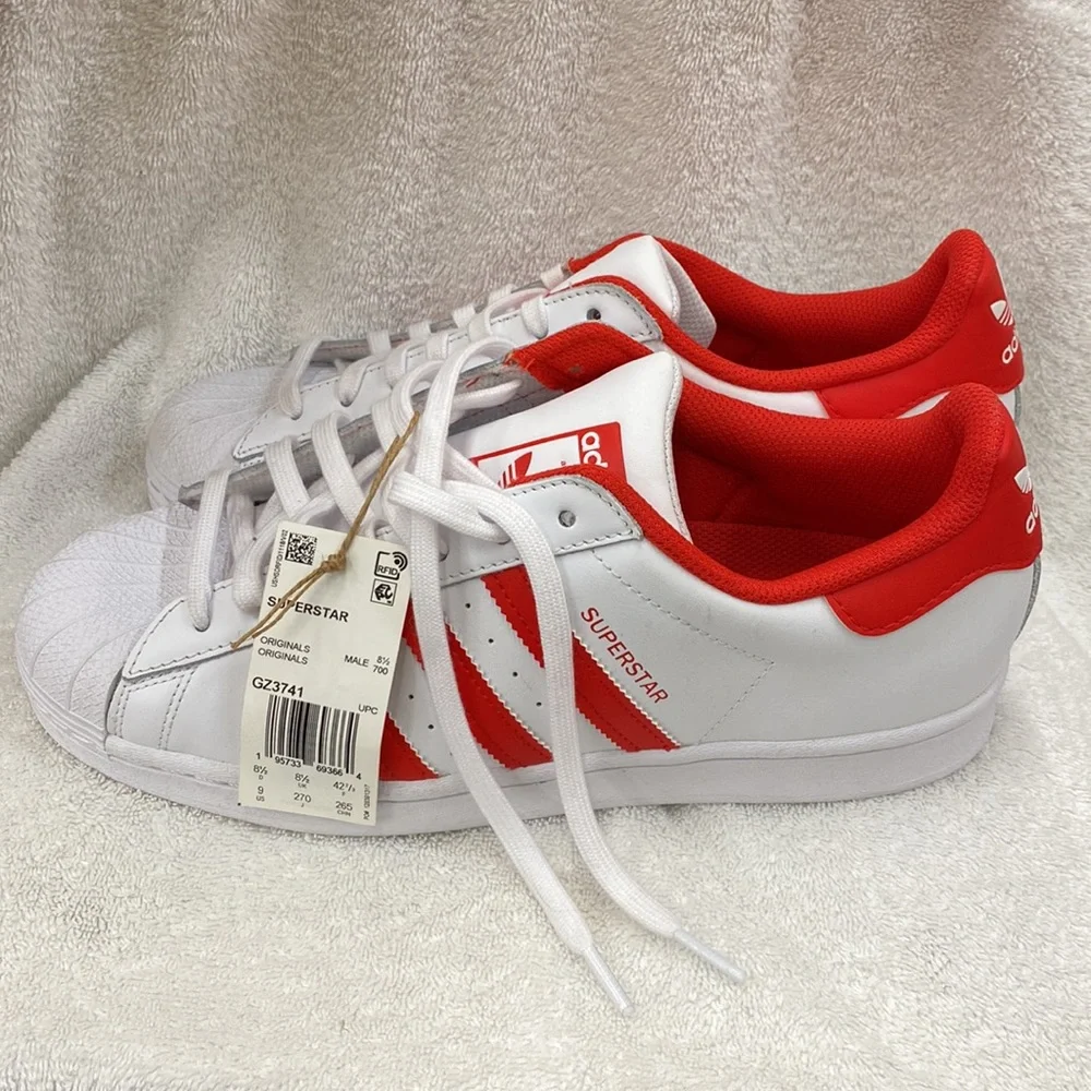 NWT Adidas Superstar Shoes Originals Sneakers Cloud White and Vivid Red - Size 9 - Picture 3 of 10